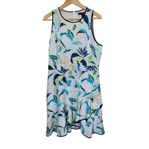 Banana Republic Tropical Leaf Print Ruffle Hem Dress Blue Green Size 12